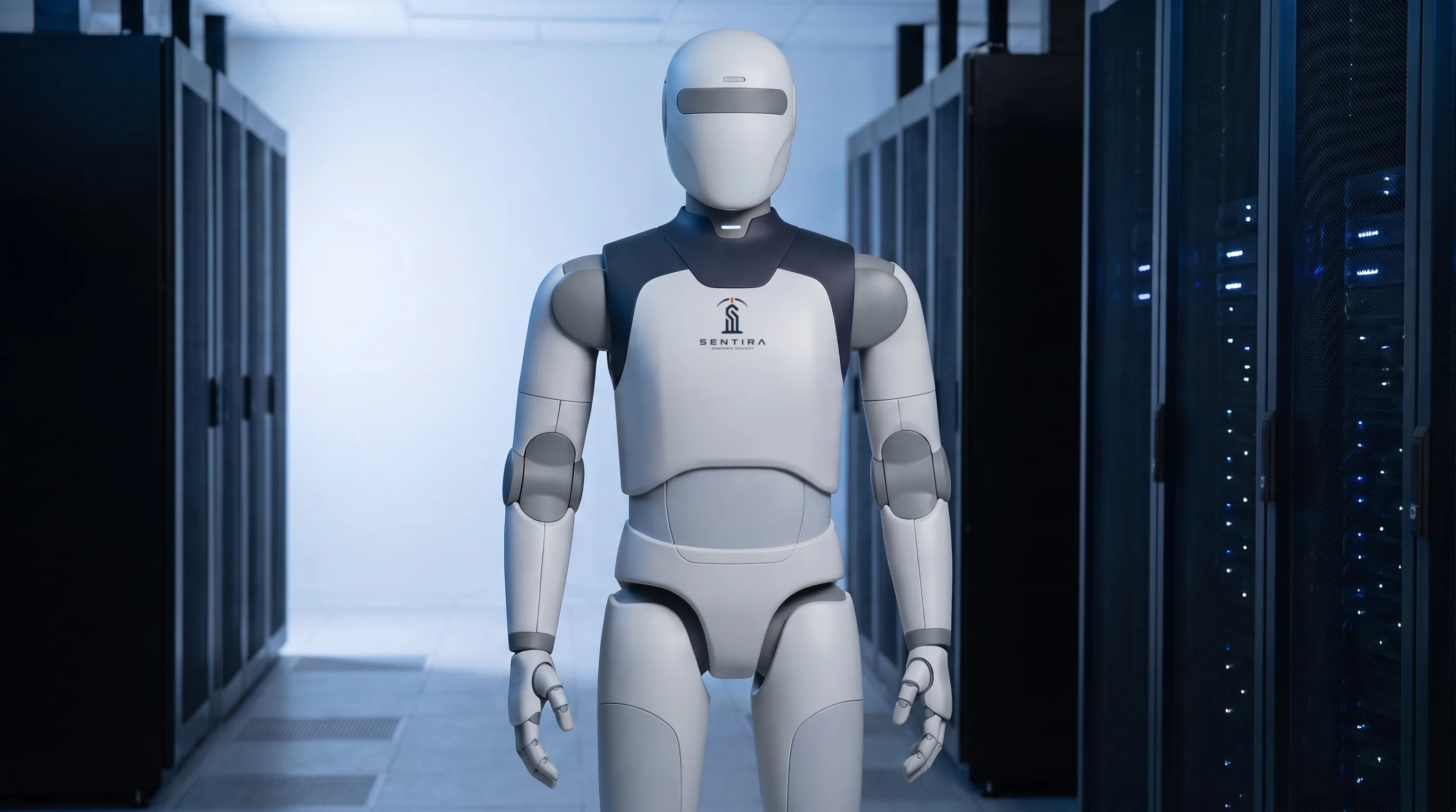 A Sentira guardian unit walking a server aisle inside a data center.