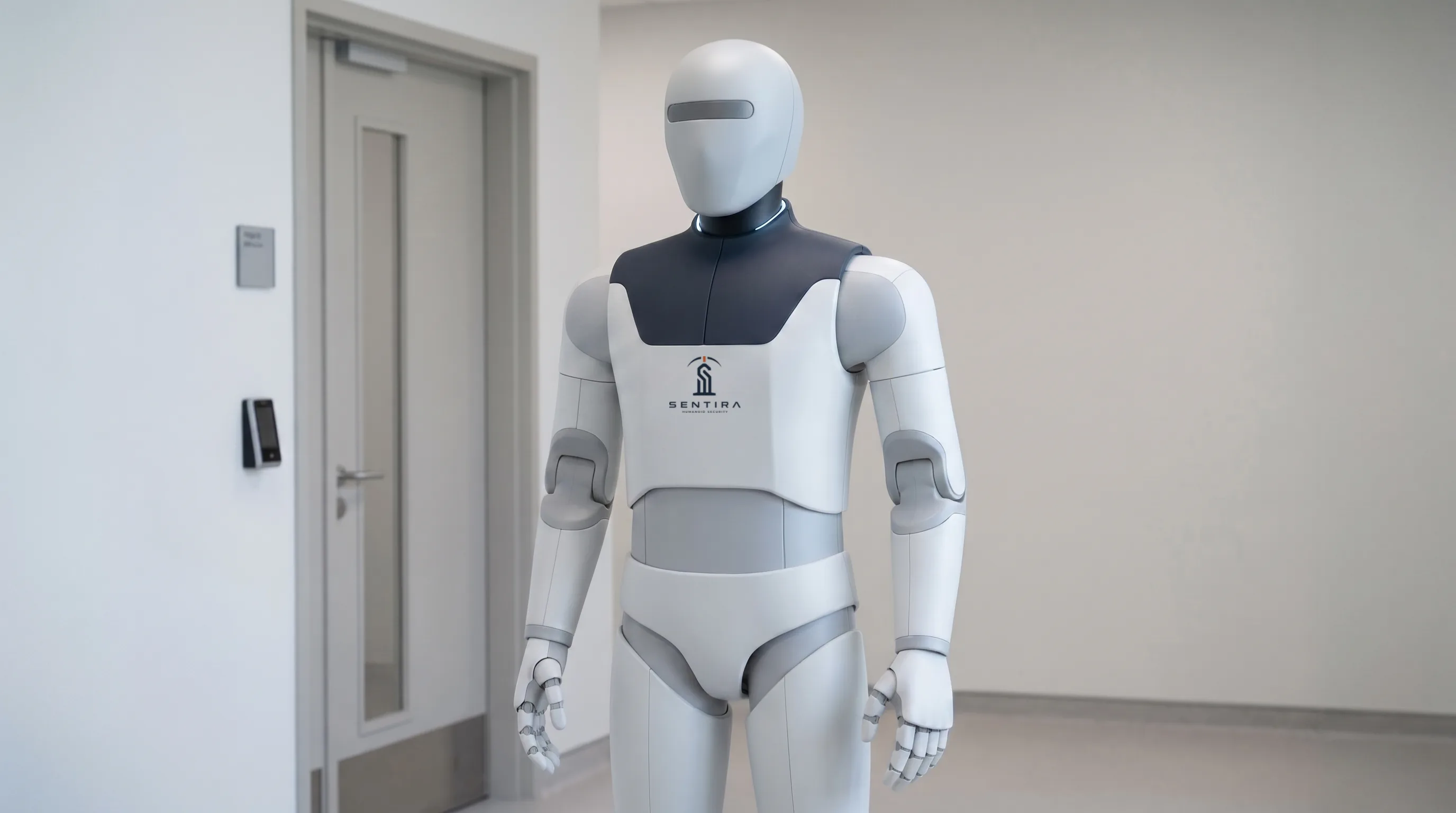 A Sentira guardian unit standing in a quiet, clean healthcare corridor.