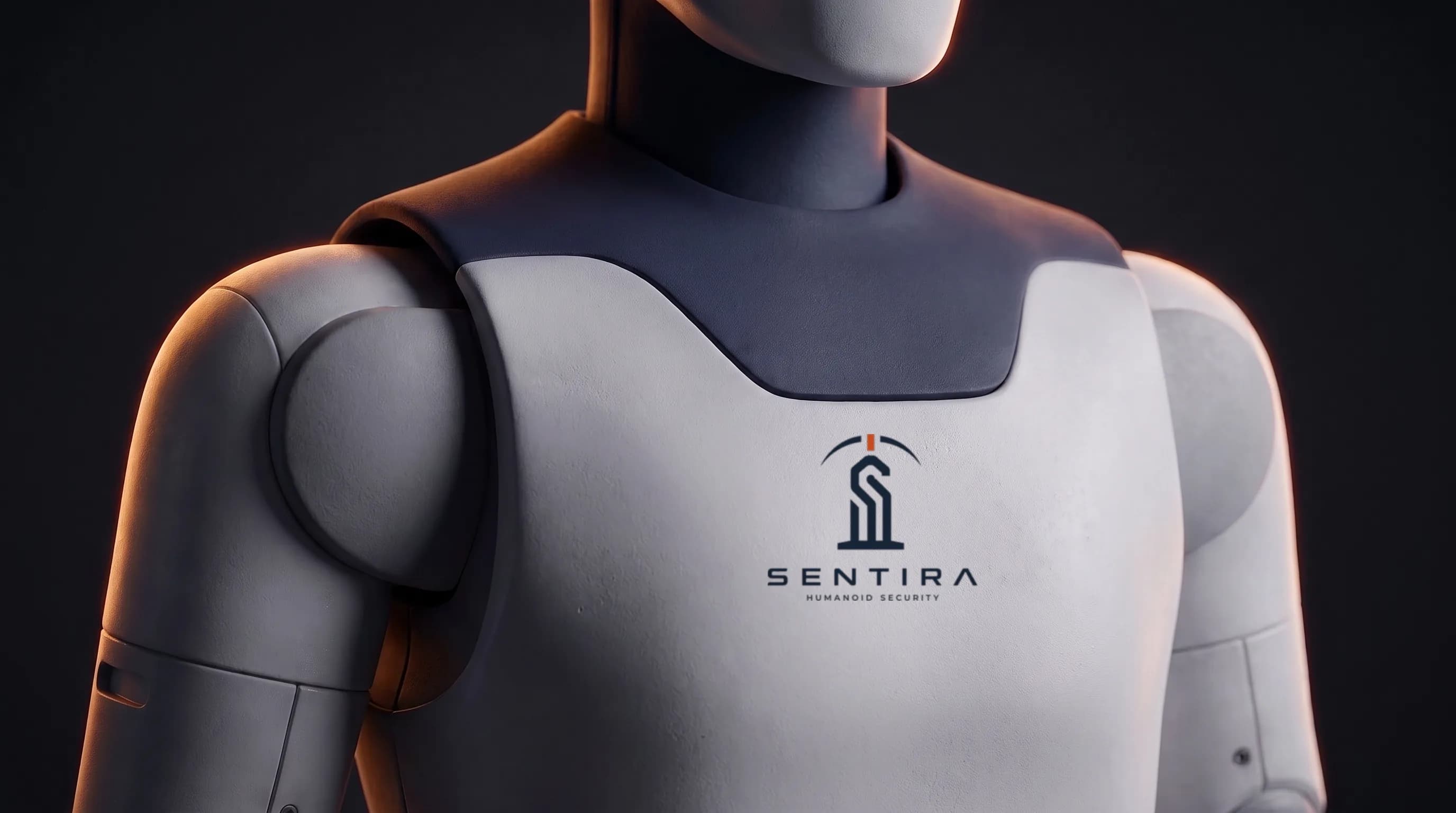 Close view of a Sentira guardian unit, uniformed and clearly robotic.